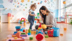 a woman and child playing with toys