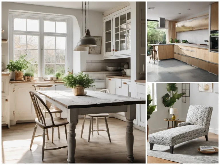 a collage of a kitchen and dining room