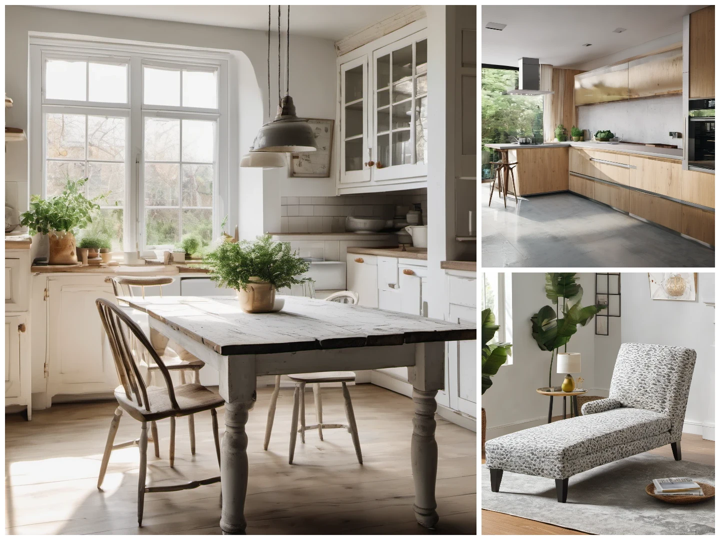 a collage of a kitchen and dining room