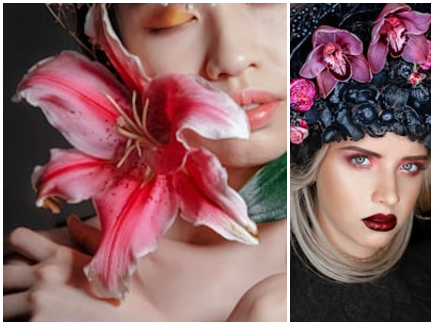 a collage of a woman with flowers