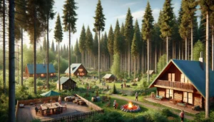 Sielankowy krajobraz z domkami w lesie.