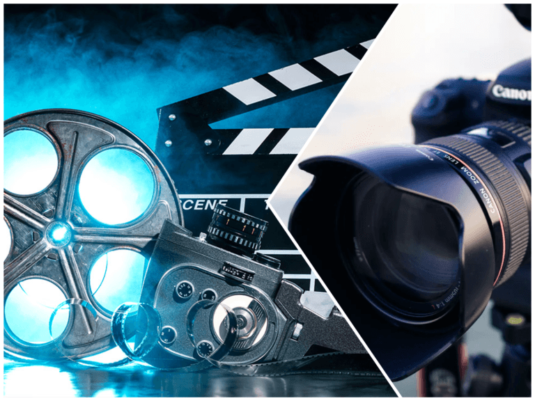 a collage of a movie camera and a movie clapper board