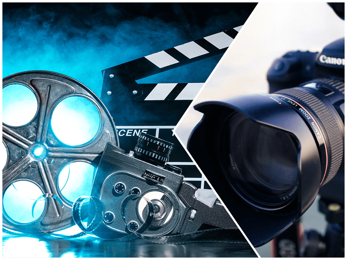 a collage of a movie camera and a movie clapper board