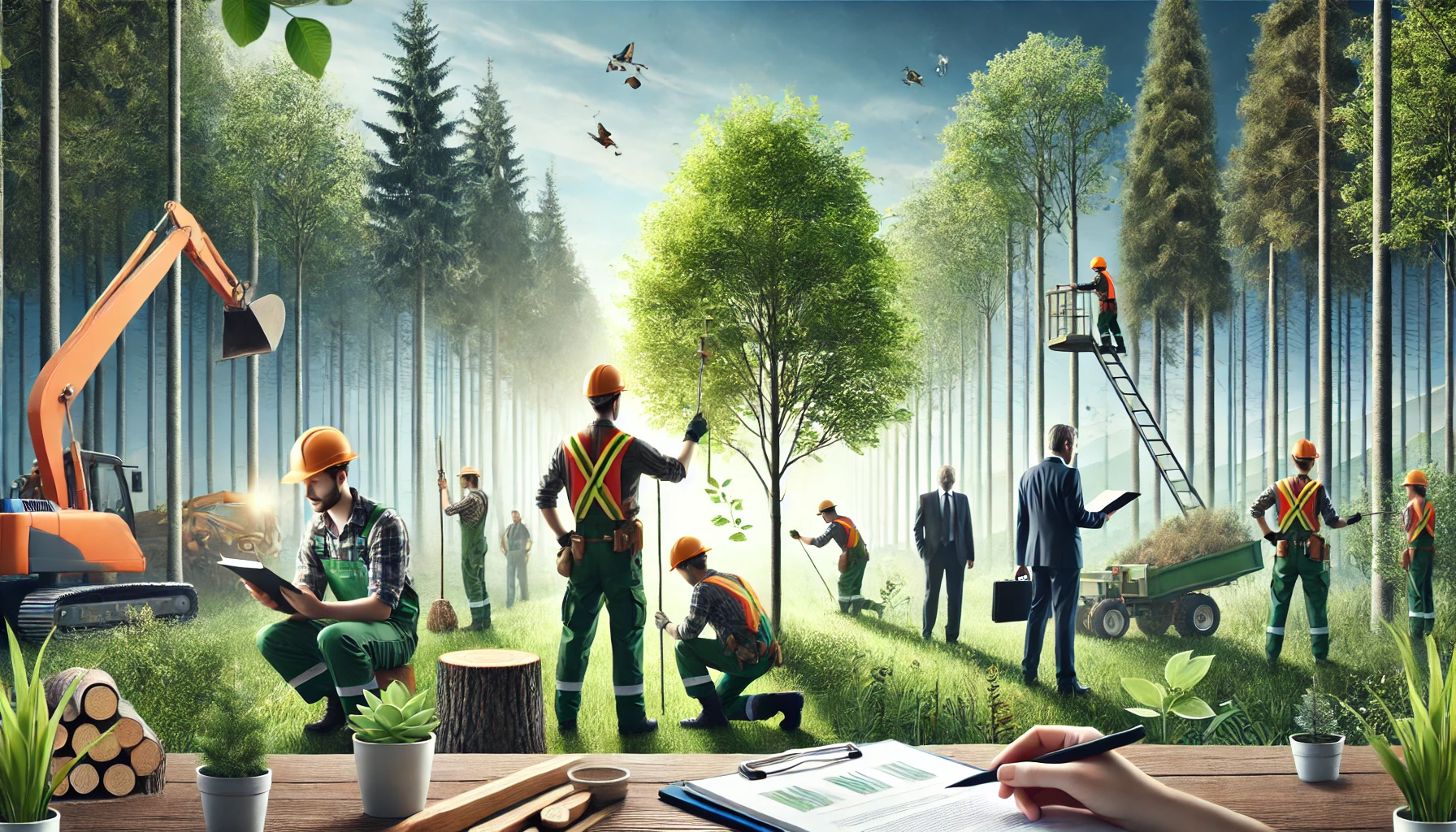 a group of people working in a forest