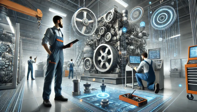 a group of men in overalls working on a machine