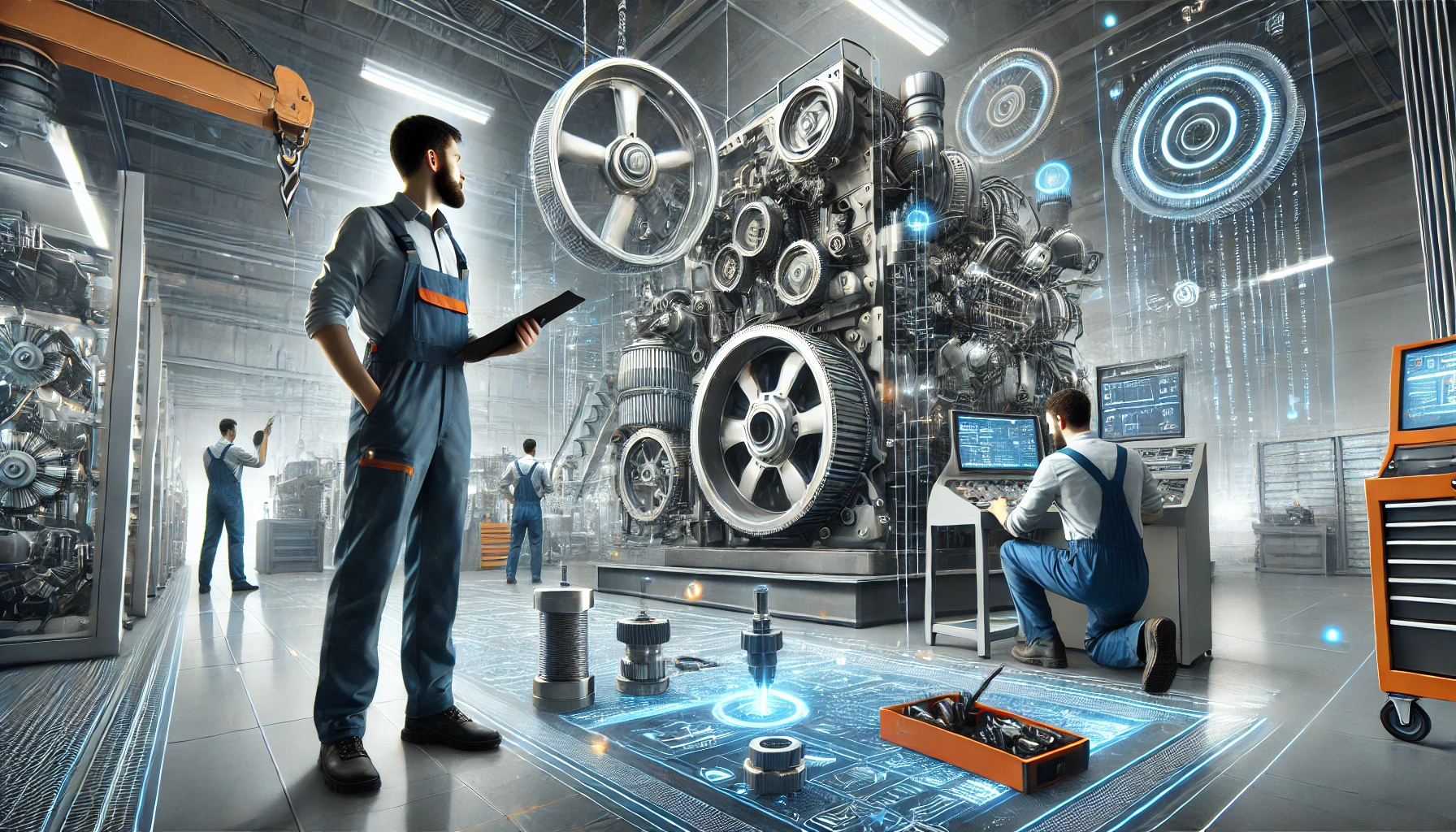 a group of men in overalls working on a machine