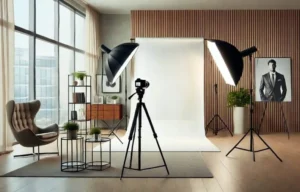 Studio fotograficzne z profesjonalnym oświetleniem.