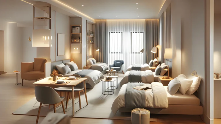 a room with many beds and tables
