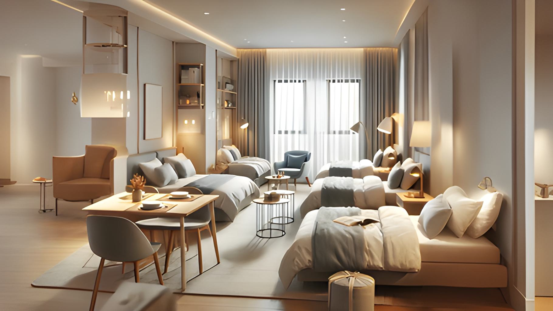 a room with many beds and tables