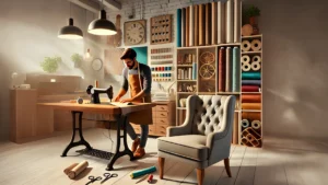 a man in an apron standing at a table in a room with a sewing machine