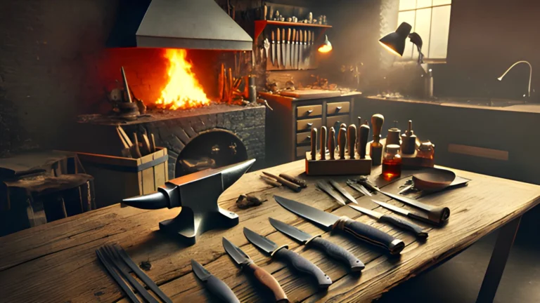 a table with many knives and an anvils