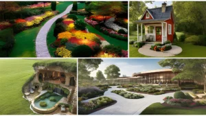 a collage of different pictures of a house and a garden