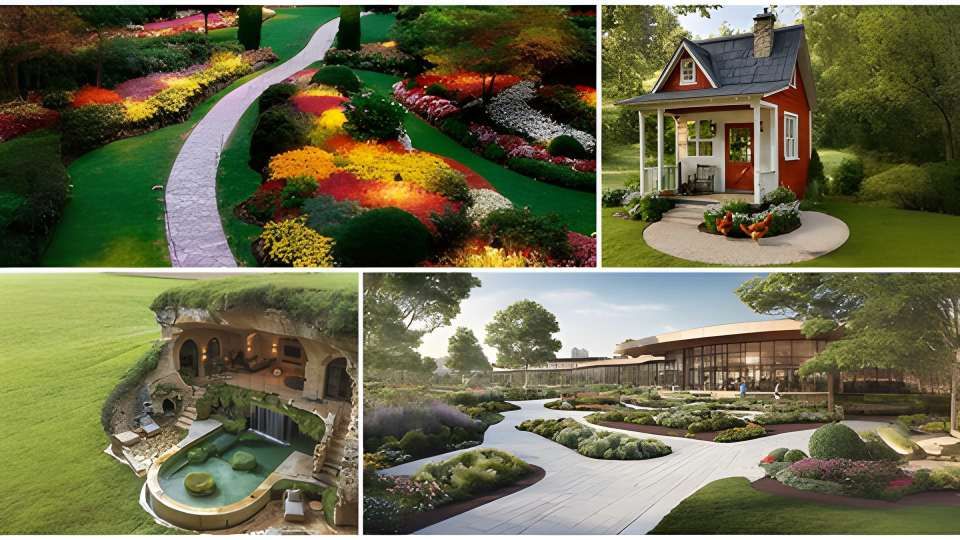 a collage of different pictures of a house and a garden