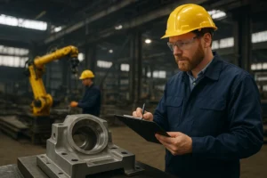 Pracownik w fabryce, kontrola jakości.