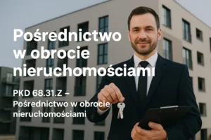 Agent trzyma klucze, nieruchomości w tle.