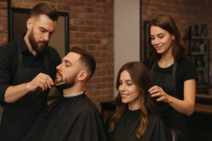 Fryzjerzy pracujący nad klientami.