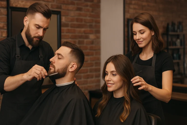 Fryzjerzy pracujący nad klientami.