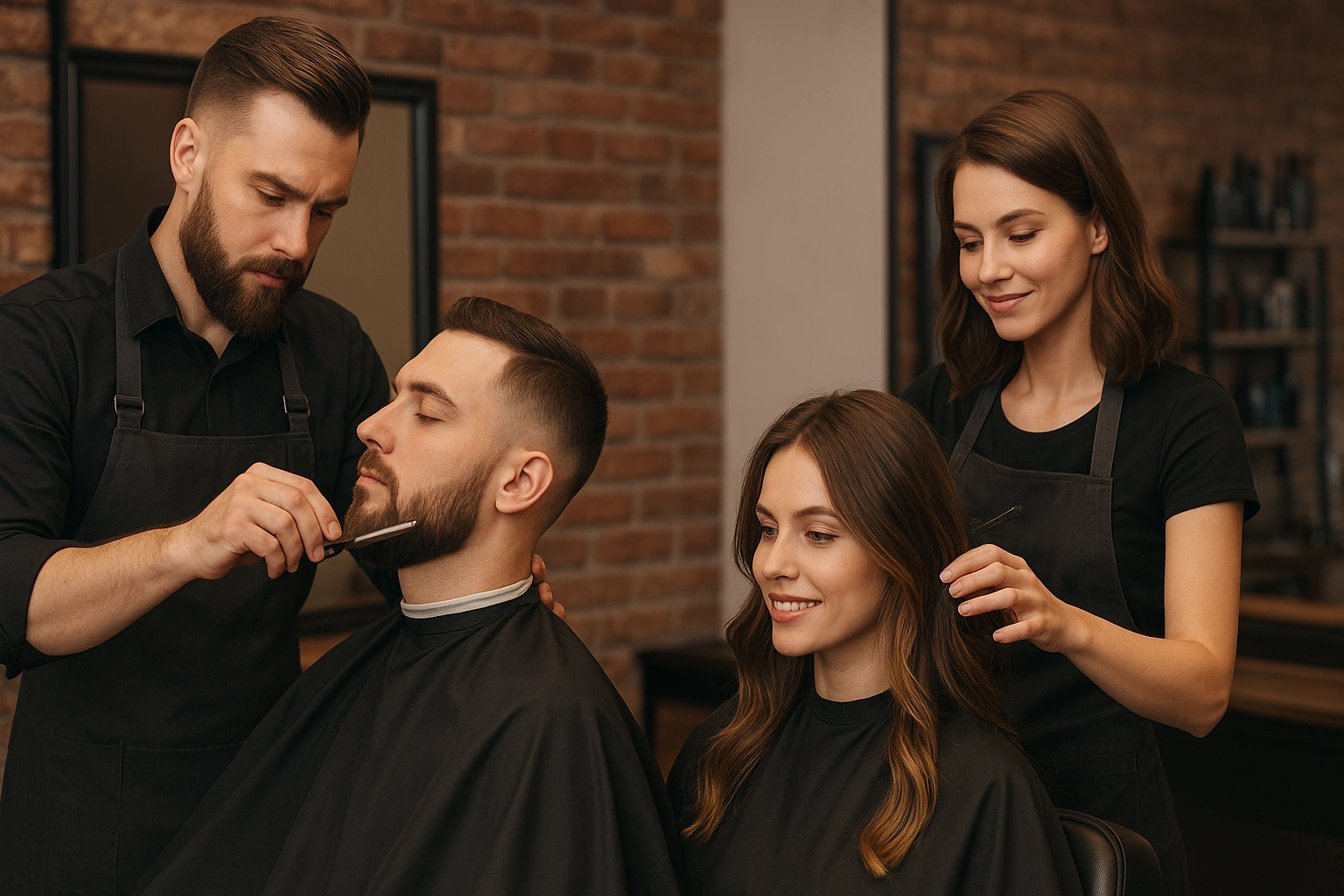 Fryzjerzy pracujący nad klientami.