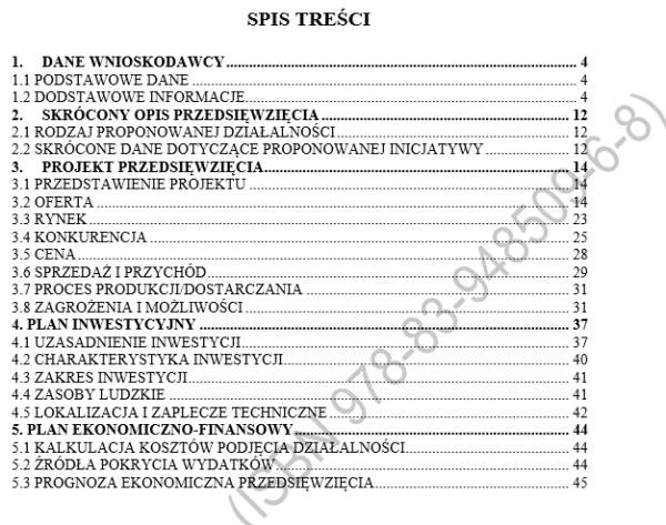 spis treści BIZNESPLAN produkcja maszyn, urządzeń i wyrobów z metalu PDF – wzór do dotacji