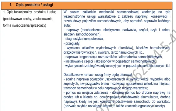 Opis produktu (usługi) Biznesplan warsztat samochodowy PDF – wzór do dotacji