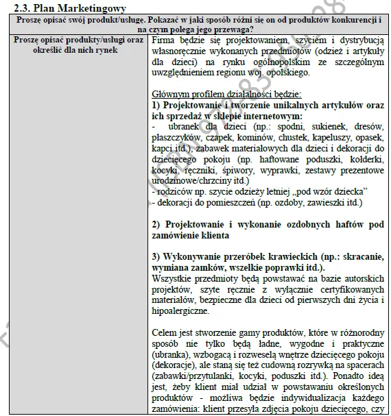 BIZNESPLAN szycie ubranek dla dzieci (odzież, zabawki i dekoracje) - wzór PDF do dotacji