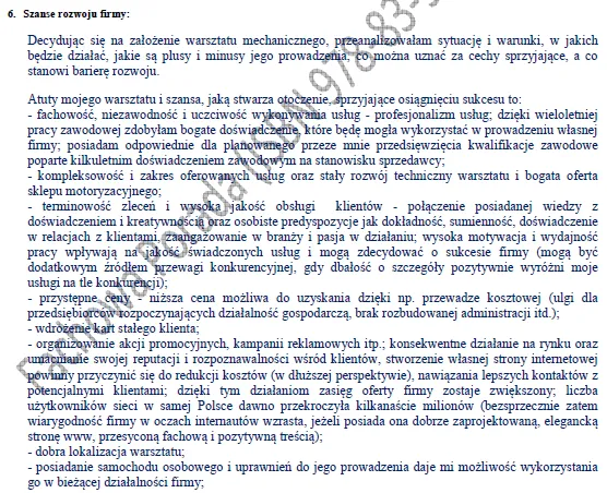 BIZNESPLAN warsztat samochodowy ze sklepem motoryzacyjnym - wzór PDF do dotacji